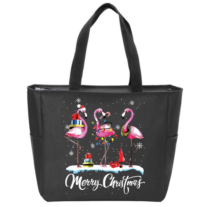 Merry Christmas Hat Santa Flamingo Light Snow Xmas Pajamas Zip Tote Bag