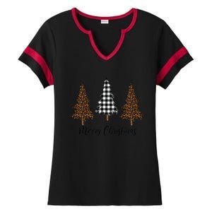 Merry Christmas Holiday Plaid Christmas Tree And Leopard Print Gift Ladies Halftime Notch Neck Tee