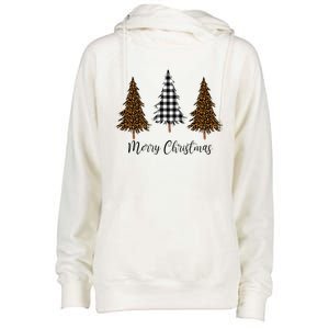 Merry Christmas Holiday Plaid Christmas Tree And Leopard Print Gift Womens Funnel Neck Pullover Hood