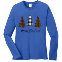 Merry Christmas Holiday Plaid Christmas Tree And Leopard Print Gift Ladies Long Sleeve Shirt