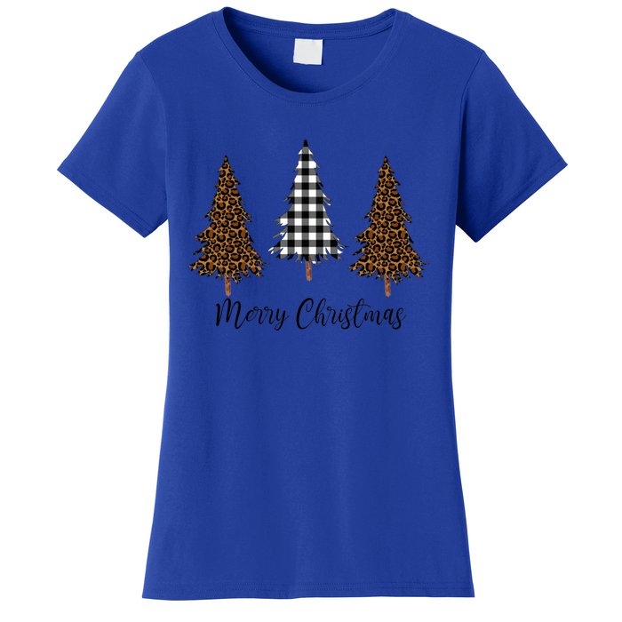 Merry Christmas Holiday Plaid Christmas Tree And Leopard Print Gift Women's T-Shirt