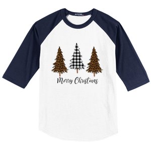 Merry Christmas Holiday Plaid Christmas Tree And Leopard Print Gift Baseball Sleeve Shirt