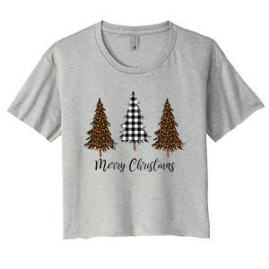 Merry Christmas Holiday Plaid Christmas Tree And Leopard Print Gift Women's Crop Top Tee