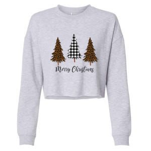 Merry Christmas Holiday Plaid Christmas Tree And Leopard Print Gift Cropped Pullover Crew