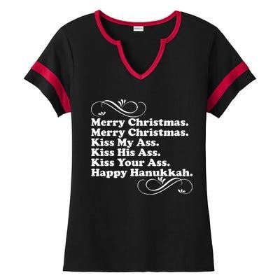 Merry Christmas Happy Hanukkah Funny Holiday Ladies Halftime Notch Neck Tee