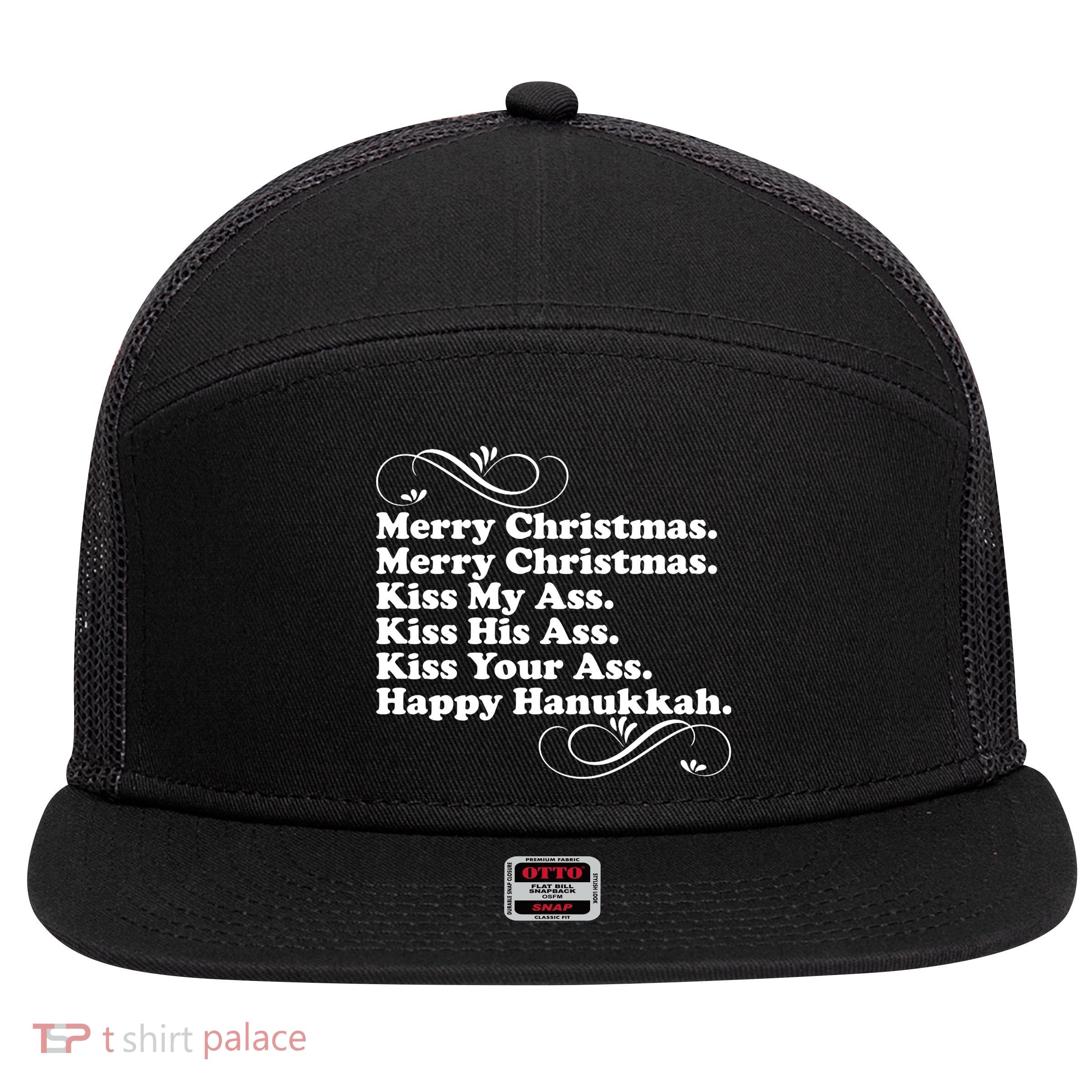 Merry Christmas Happy Hanukkah Funny Holiday 7 Panel Mesh Trucker Snapback Hat
