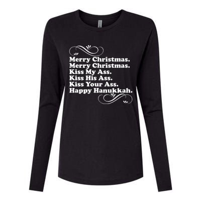 Merry Christmas Happy Hanukkah Funny Holiday Womens Cotton Relaxed Long Sleeve T-Shirt