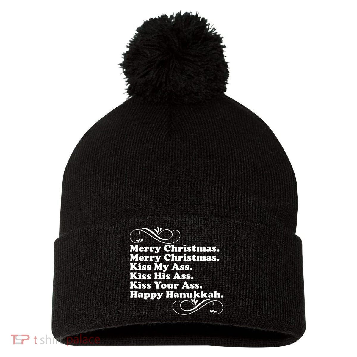 Merry Christmas Happy Hanukkah Funny Holiday Pom Pom 12in Knit Beanie