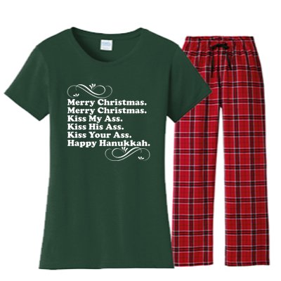 Merry Christmas Happy Hanukkah Funny Holiday Women's Flannel Pajama Set