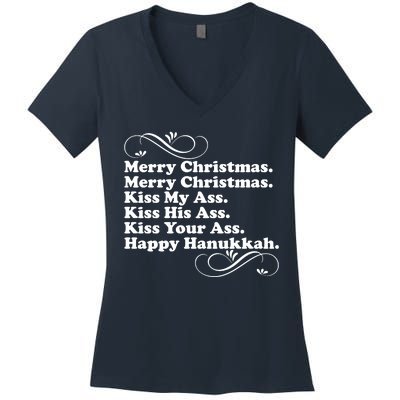 Merry Christmas Happy Hanukkah Funny Holiday Women's V-Neck T-Shirt