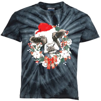 Merry Christmas Highland Cow Western Santa Hat Xmas Pajamas Kids Tie-Dye T-Shirt