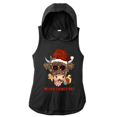 Mooey Christmas Hairy Highland Cow Xmas Light Santa Hat Gift Ladies PosiCharge Tri-Blend Wicking Draft Hoodie Tank