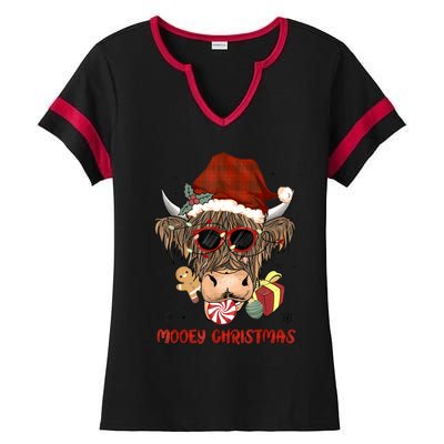 Mooey Christmas Hairy Highland Cow Xmas Light Santa Hat Gift Ladies Halftime Notch Neck Tee