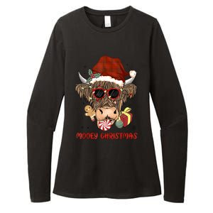 Mooey Christmas Hairy Highland Cow Xmas Light Santa Hat Gift Womens CVC Long Sleeve Shirt