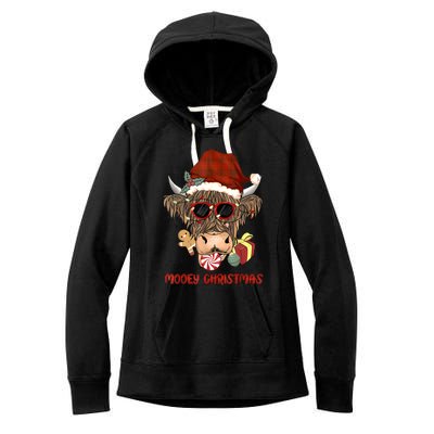 Mooey Christmas Hairy Highland Cow Xmas Light Santa Hat Gift Women's Fleece Hoodie