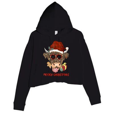 Mooey Christmas Hairy Highland Cow Xmas Light Santa Hat Gift Crop Fleece Hoodie