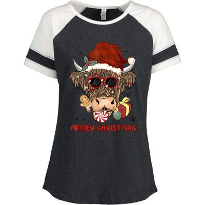 Mooey Christmas Hairy Highland Cow Xmas Light Santa Hat Gift Enza Ladies Jersey Colorblock Tee