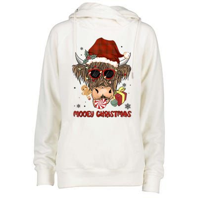 Mooey Christmas Hairy Highland Cow Xmas Light Santa Hat Gift Womens Funnel Neck Pullover Hood