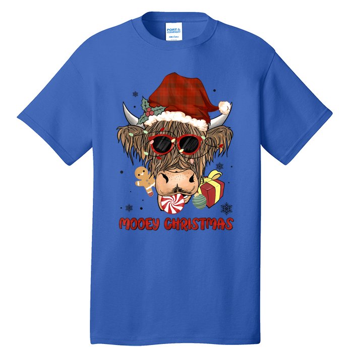 Mooey Christmas Hairy Highland Cow Xmas Light Santa Hat Gift Tall T-Shirt