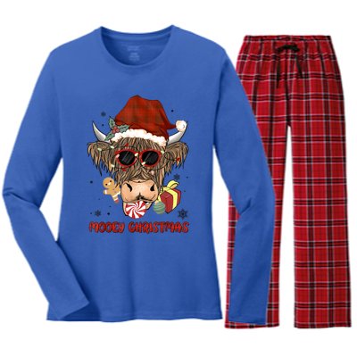 Mooey Christmas Hairy Highland Cow Xmas Light Santa Hat Gift Women's Long Sleeve Flannel Pajama Set 