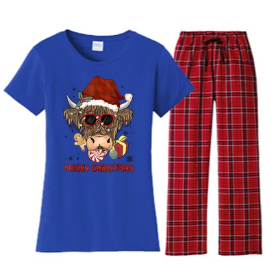 Mooey Christmas Hairy Highland Cow Xmas Light Santa Hat Gift Women's Flannel Pajama Set