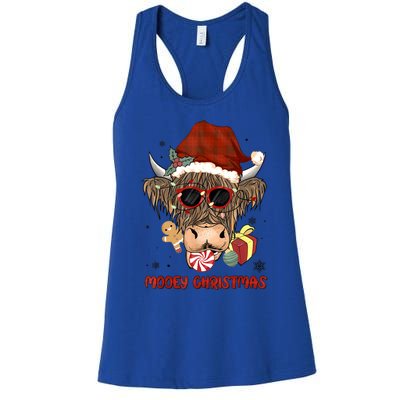 Mooey Christmas Hairy Highland Cow Xmas Light Santa Hat Gift Women's Racerback Tank