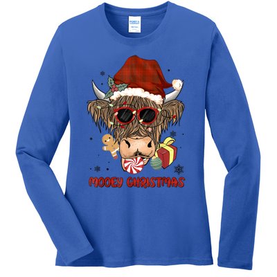 Mooey Christmas Hairy Highland Cow Xmas Light Santa Hat Gift Ladies Long Sleeve Shirt