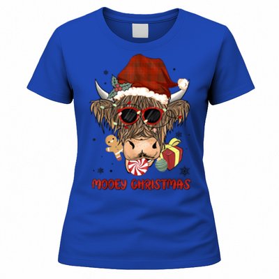 Mooey Christmas Hairy Highland Cow Xmas Light Santa Hat Gift Women's T-Shirt