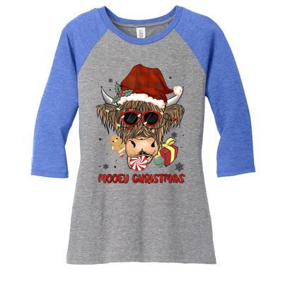 Mooey Christmas Hairy Highland Cow Xmas Light Santa Hat Gift Women's Tri-Blend 3/4-Sleeve Raglan Shirt