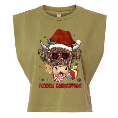 Mooey Christmas Hairy Highland Cow Xmas Light Santa Hat Gift Garment-Dyed Women's Muscle Tee