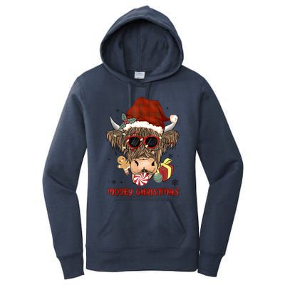 Mooey Christmas Hairy Highland Cow Xmas Light Santa Hat Gift Women's Pullover Hoodie