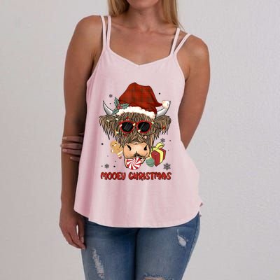 Mooey Christmas Hairy Highland Cow Xmas Light Santa Hat Gift Women's Strappy Tank