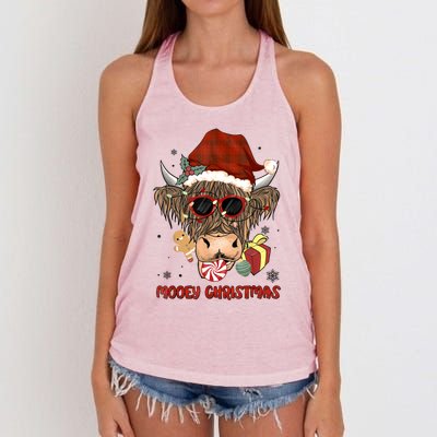 Mooey Christmas Hairy Highland Cow Xmas Light Santa Hat Gift Women's Knotted Racerback Tank