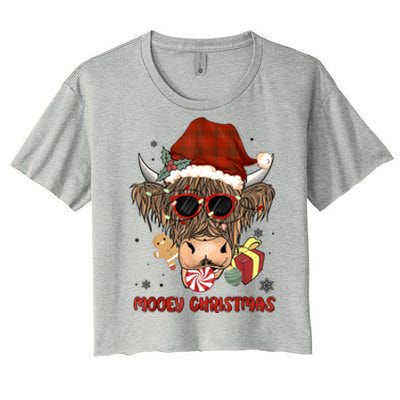 Mooey Christmas Hairy Highland Cow Xmas Light Santa Hat Gift Women's Crop Top Tee