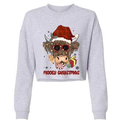 Mooey Christmas Hairy Highland Cow Xmas Light Santa Hat Gift Cropped Pullover Crew