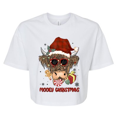 Mooey Christmas Hairy Highland Cow Xmas Light Santa Hat Gift Bella+Canvas Jersey Crop Tee