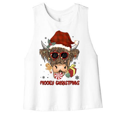 Mooey Christmas Hairy Highland Cow Xmas Light Santa Hat Gift Women's Racerback Cropped Tank