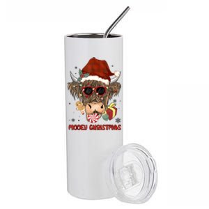 Mooey Christmas Hairy Highland Cow Xmas Light Santa Hat Gift Stainless Steel Tumbler