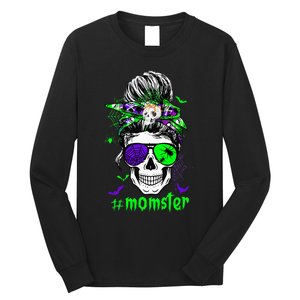 Momster Costume Halloween Skull Mom Messy Hair Bun Monster Long Sleeve Shirt