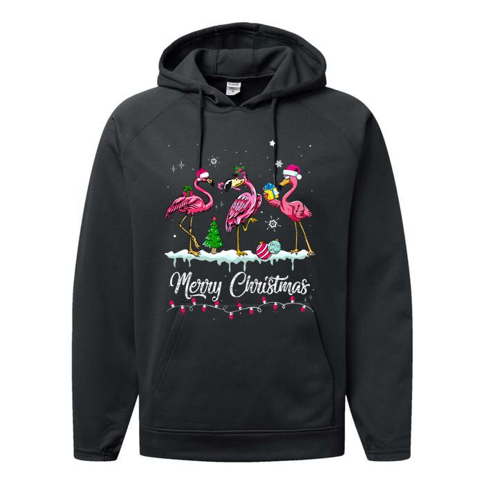 Merry Christmas Hat Santa Flamingo Snow Xmas Pajamas  Performance Fleece Hoodie