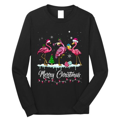 Merry Christmas Hat Santa Flamingo Snow Xmas Pajamas  Long Sleeve Shirt