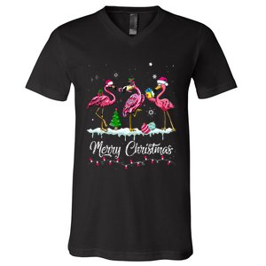 Merry Christmas Hat Santa Flamingo Snow Xmas Pajamas  V-Neck T-Shirt