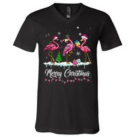 Merry Christmas Hat Santa Flamingo Snow Xmas Pajamas  V-Neck T-Shirt