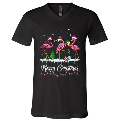 Merry Christmas Hat Santa Flamingo Snow Xmas Pajamas  V-Neck T-Shirt