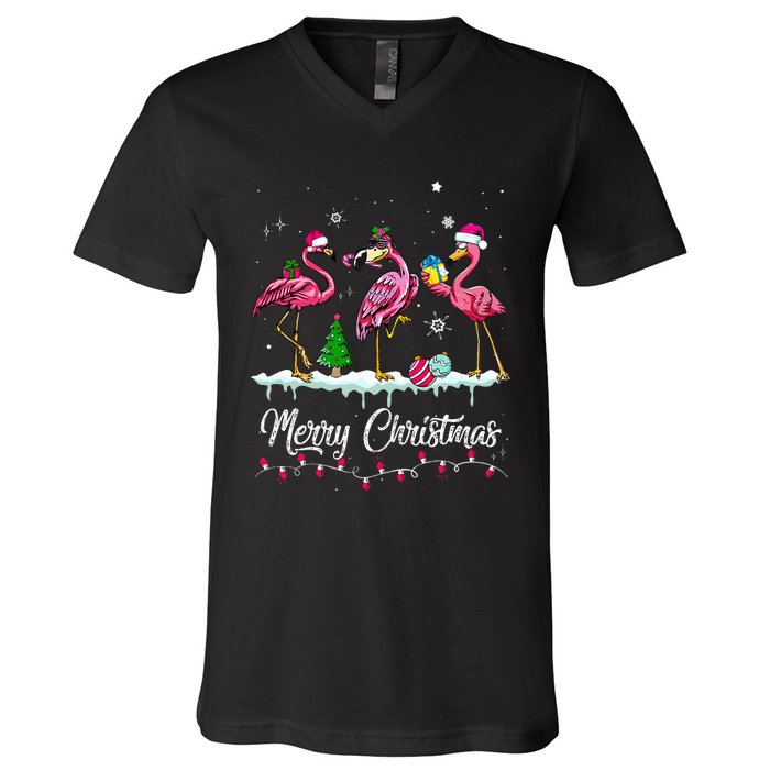 Merry Christmas Hat Santa Flamingo Snow Xmas Pajamas  V-Neck T-Shirt