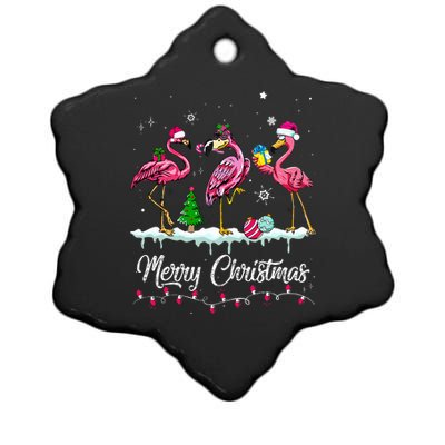 Merry Christmas Hat Santa Flamingo Snow Xmas Pajamas  Ceramic Star Ornament