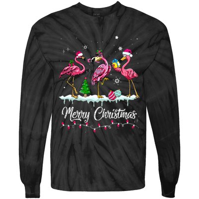 Merry Christmas Hat Santa Flamingo Snow Xmas Pajamas  Tie-Dye Long Sleeve Shirt