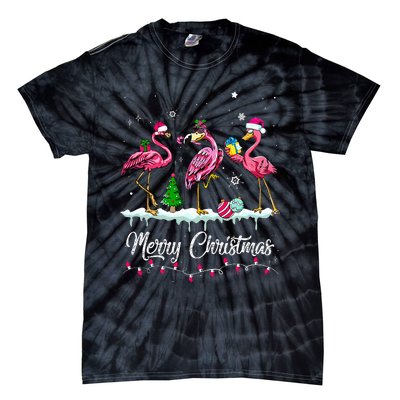 Merry Christmas Hat Santa Flamingo Snow Xmas Pajamas  Tie-Dye T-Shirt