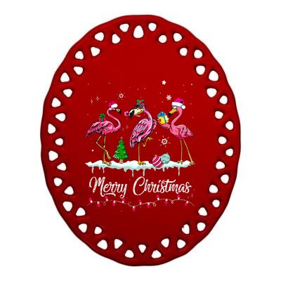 Merry Christmas Hat Santa Flamingo Snow Xmas Pajamas  Ceramic Oval Ornament