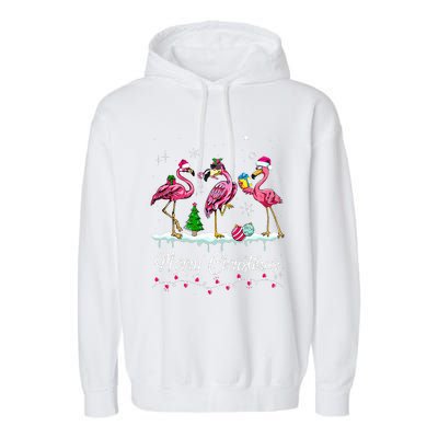 Merry Christmas Hat Santa Flamingo Snow Xmas Pajamas  Garment-Dyed Fleece Hoodie